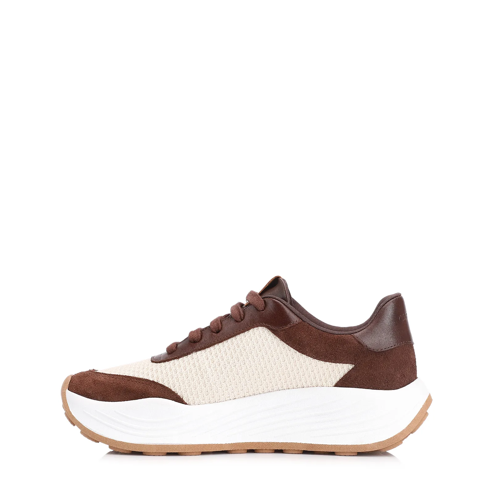 Tênis Plataforma Couro Camurça Marrom/Tela Off White