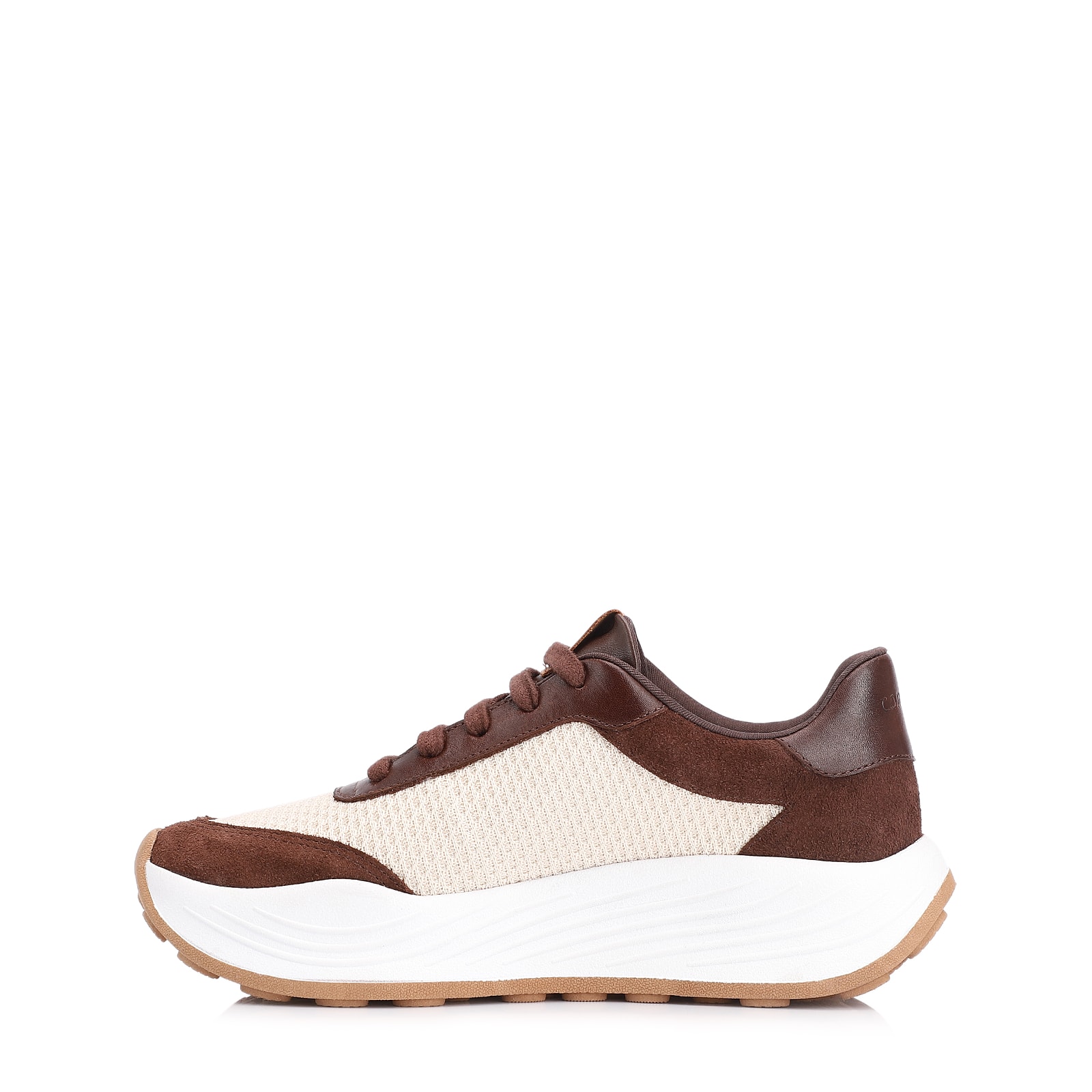 Tênis Plataforma Couro Camurça Marrom/Tela Off White