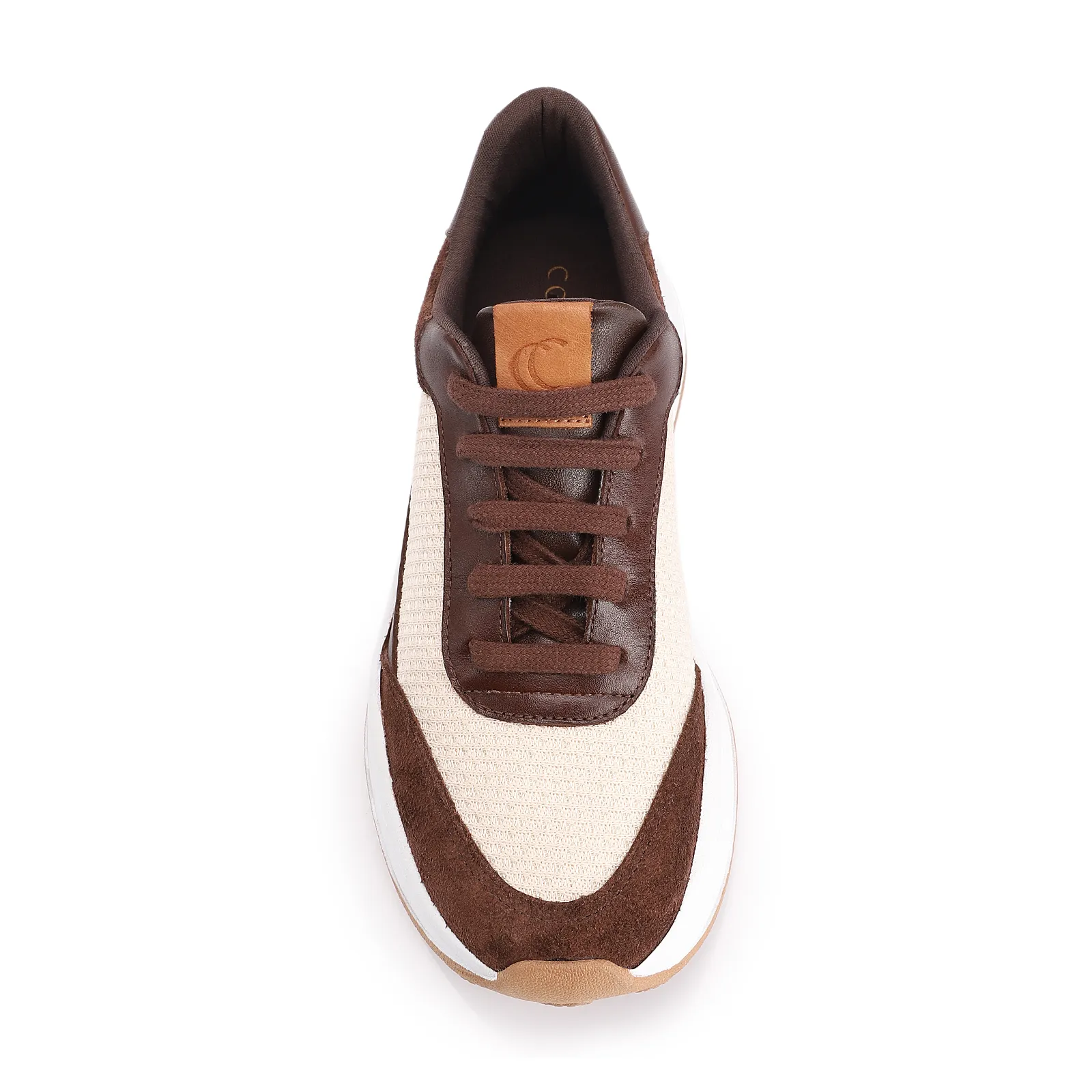 Tênis Plataforma Couro Camurça Marrom/Tela Off White