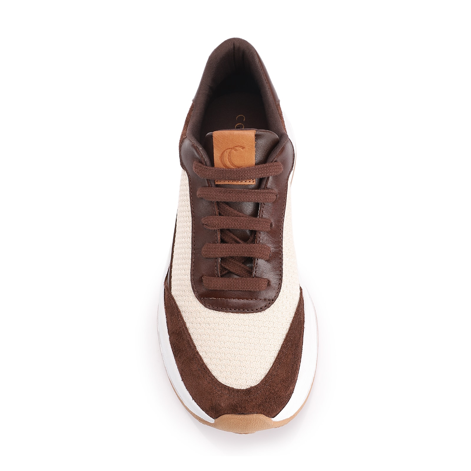 Tênis Plataforma Couro Camurça Marrom/Tela Off White