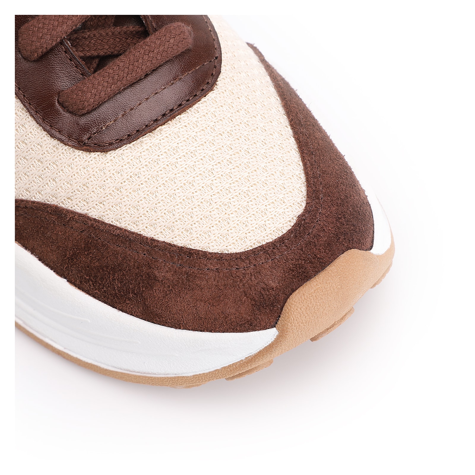 Tênis Plataforma Couro Camurça Marrom/Tela Off White