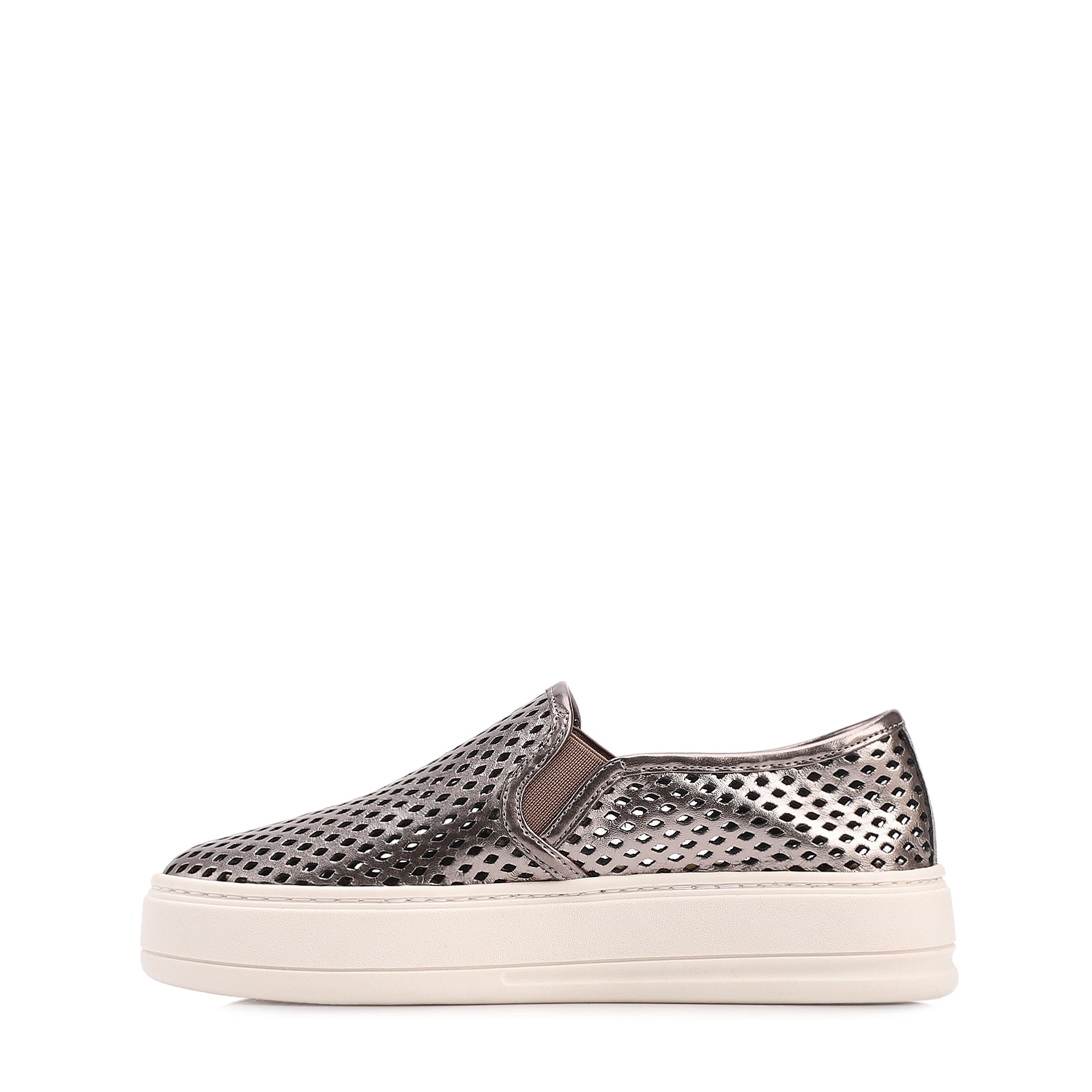 Tênis Prata Couro Recortes Slip On