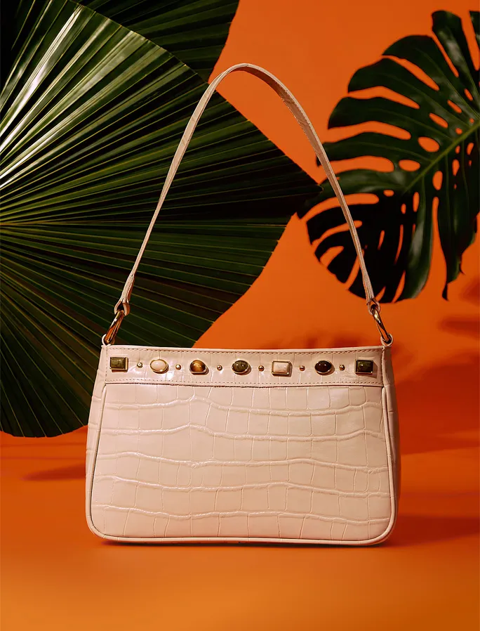 Bolsa De Ombro Pequena Couro Croco Off White Pedras