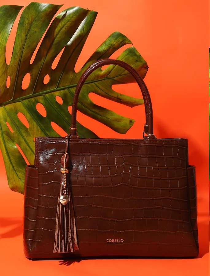 Bolsa Tote Grande Couro Croco Marrom Pingente Pedras